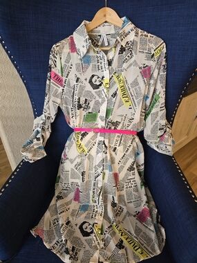 Newspaper Print Shirt Dress with Pink Belt